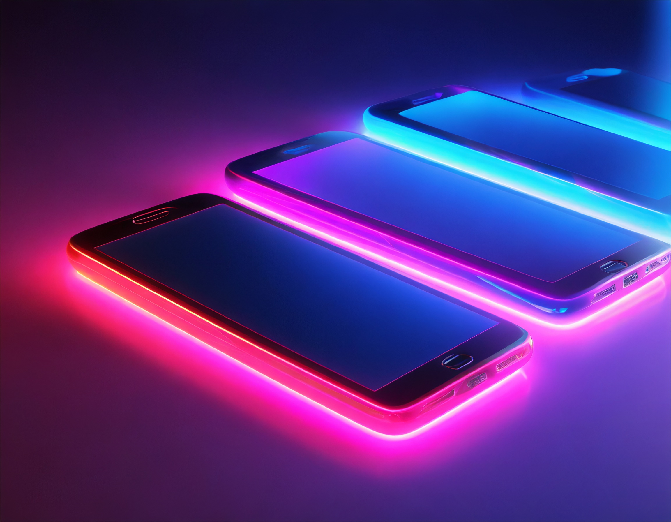 Futuristic smartphones and tablets with neon purple glow, symbolizing eSIM technology.
